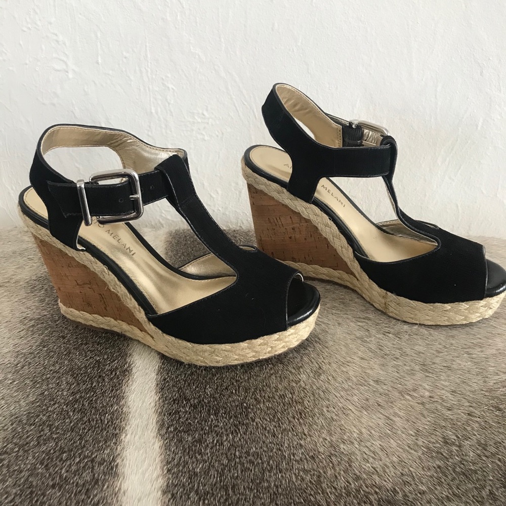 Black linens wedge sandals